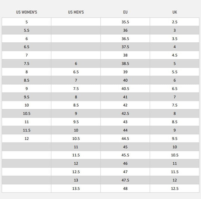 Krazy4Kicks shoe size chart — US Women's, US Men's, EU and UK